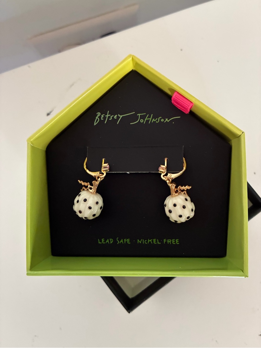 Betsey Johnson White and Black Polka Dot Pumpkin Drop Earrings with Gold Accents